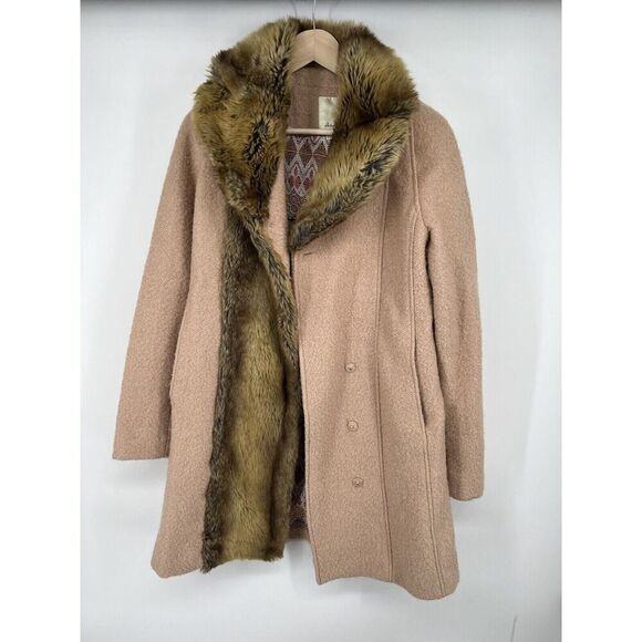 Elevenses Anthropologie Women's Faux Fur Trim Wool Blend Overcoat Beige Size 6 - Picture 2 of 6